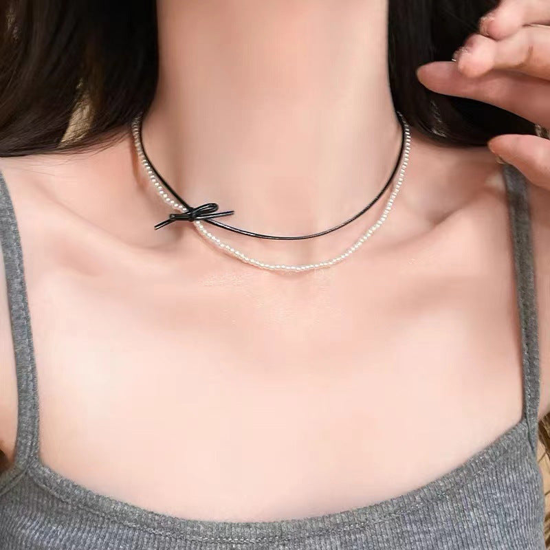 Leather Bowknot Collarbone Chain Choker Link Chain Necklace