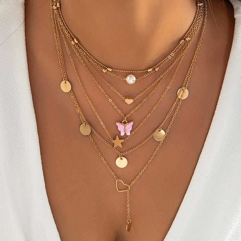 Women Butterfly Tassel Pendant Layered Set Necklace