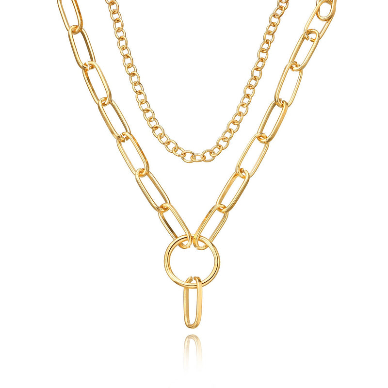 Double Layer Cuban Link Chain Necklace Chunky With Ring Pendant