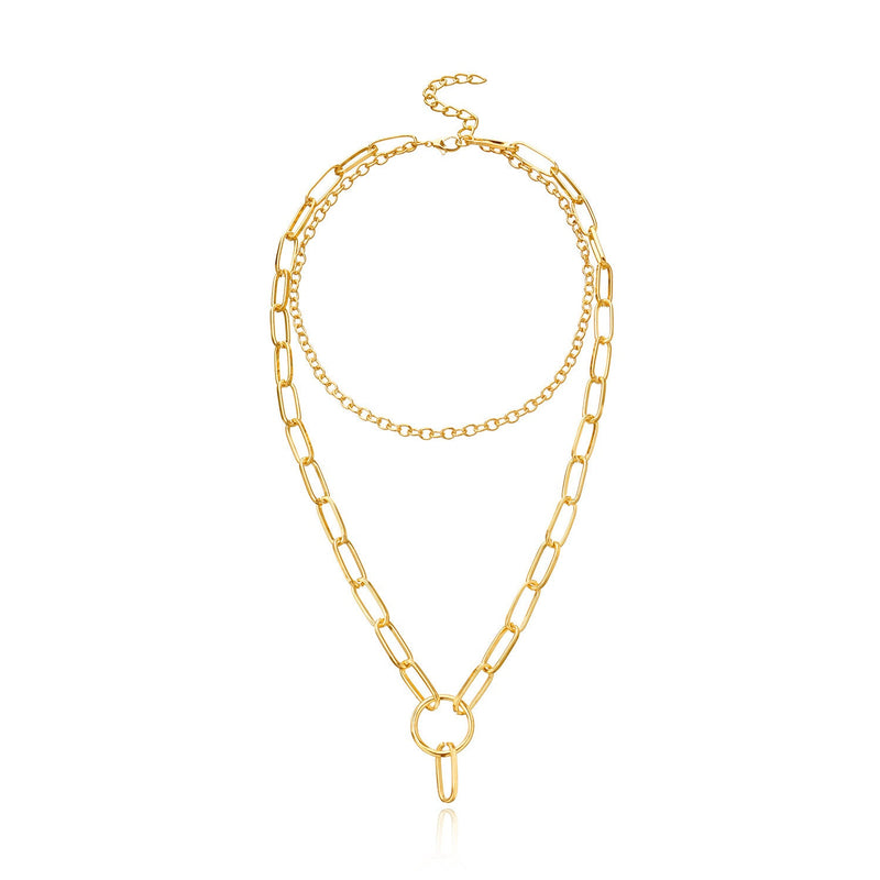 Double Layer Cuban Link Chain Necklace Chunky With Ring Pendant