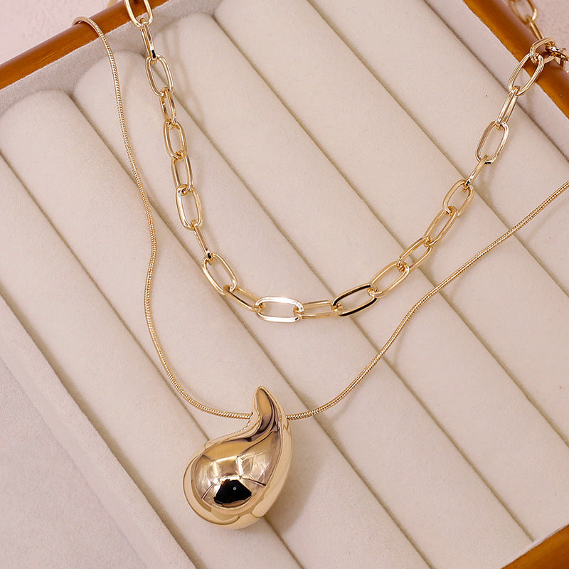 Women Paperclip Long Chain Necklace Teardrop Pendant