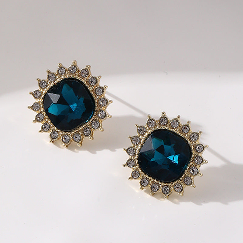 Women Crystal Blue Square Gemstone Earring