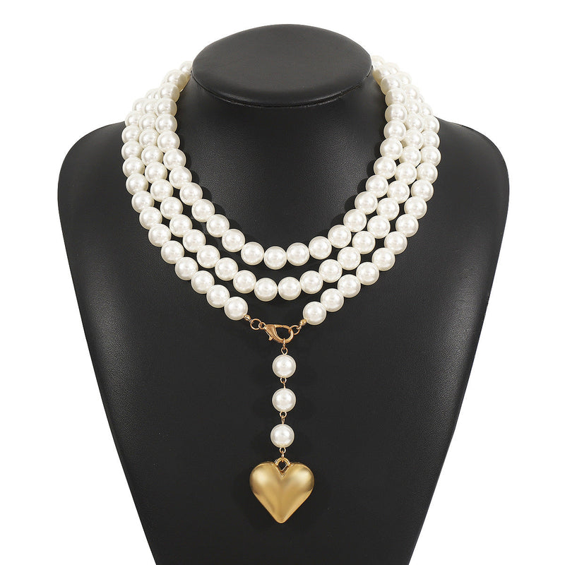 Bohemia Multilayer Long Pearl Chain Necklace Love Heart Pendant