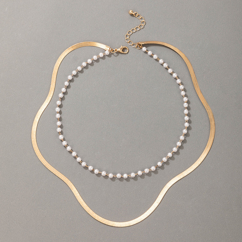 Multilayer Pearl Flat Blade Chain Choker Necklace