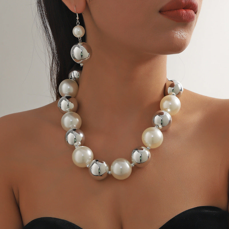 Exaggerated Multi-Layer Pearl Pendant Earring and Necklace Set