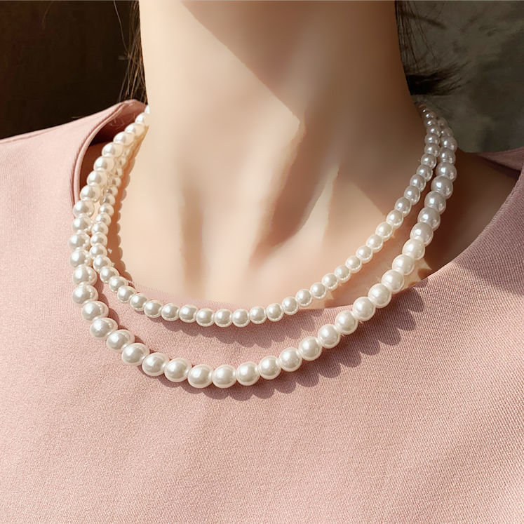 Glass Pearl Double Layer Stacking Choker Necklace