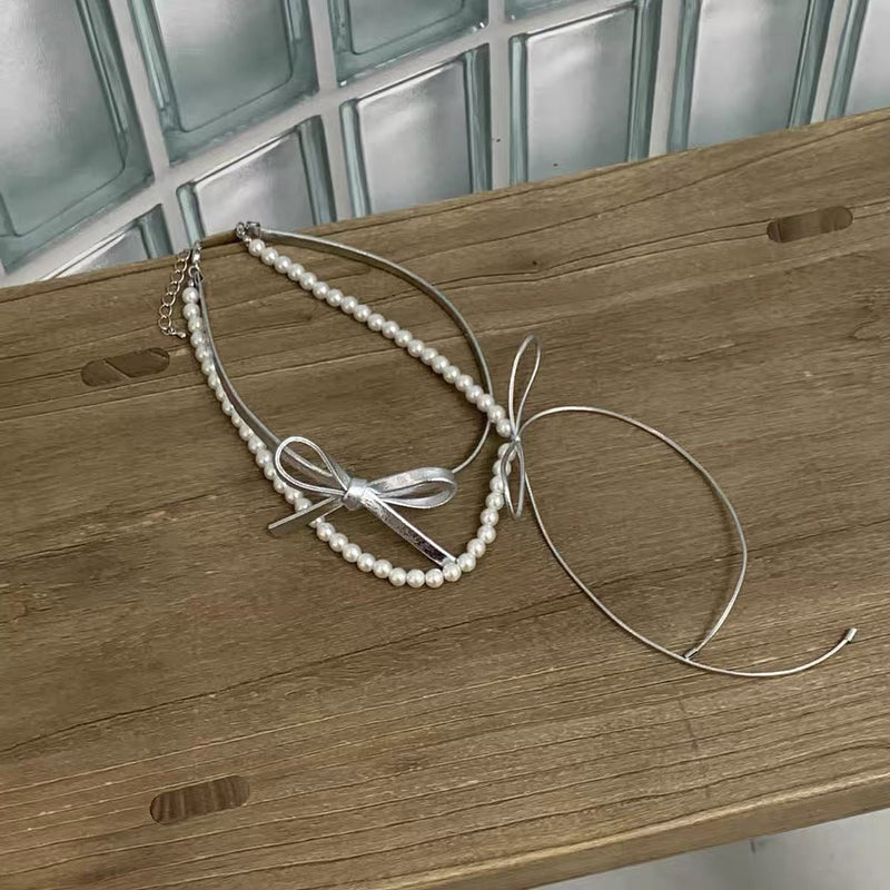 Double-layer Pearl Leather butterfly Collar Necklace Jewelry