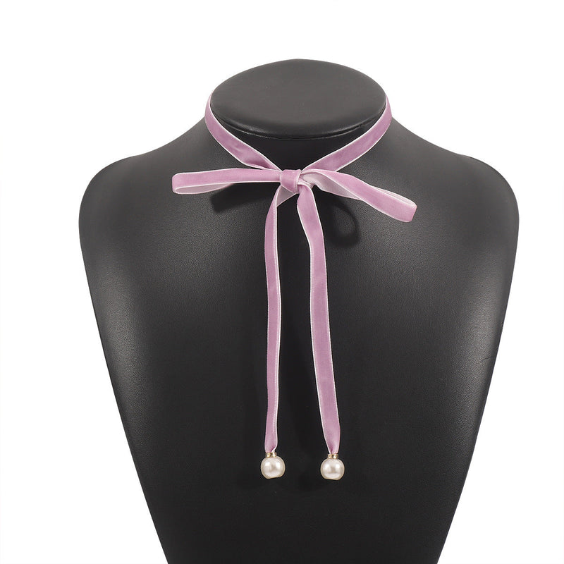 Women Velvet Pearl Bow Choker Simple Long Lace up Necklace