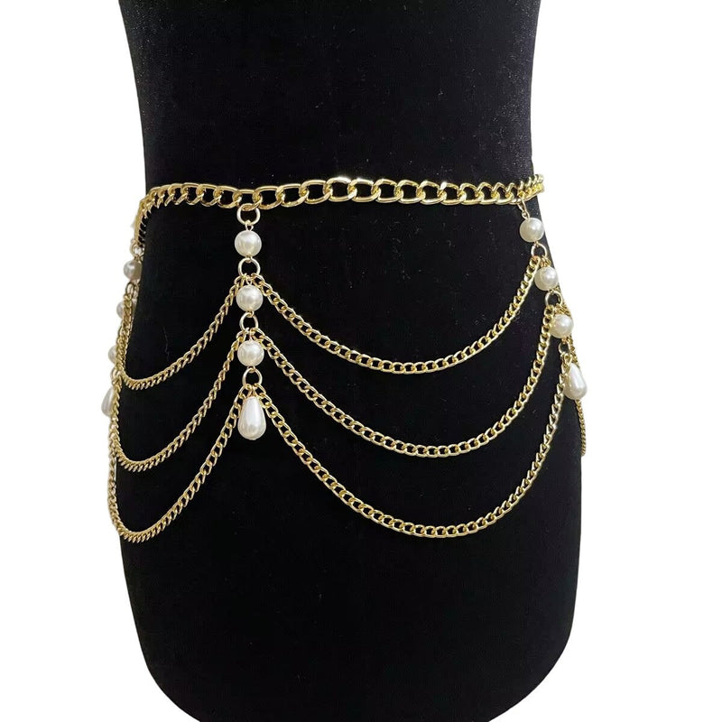Chunky Curb Chain Belt Pearl Party Club Belly Jewelry