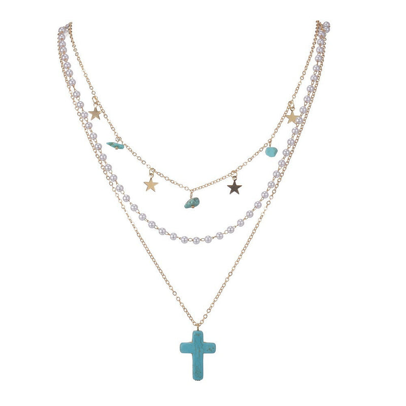 Turquoise Cross Pendant Stars Stone Pearl Multi-Layered