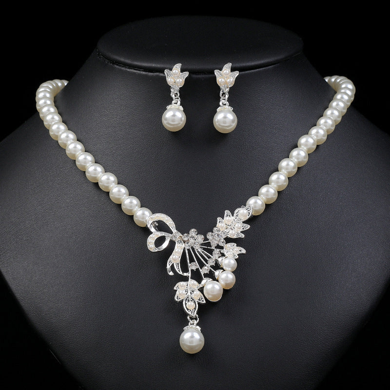 Vintage Pearl Flower Necklace Earrings Set