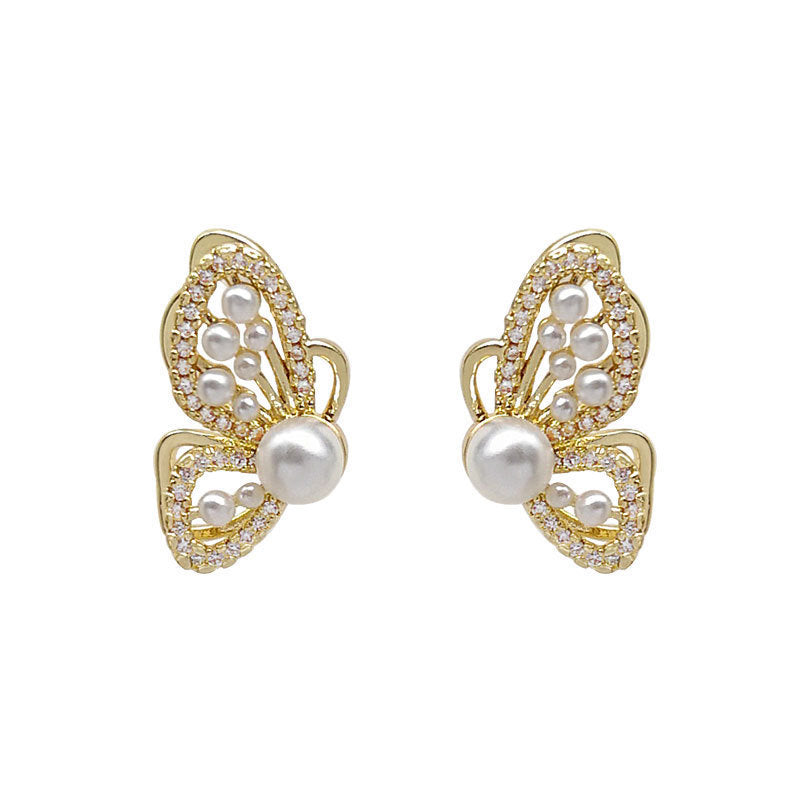 White Butterfly Pearl Stud Earrings for Women