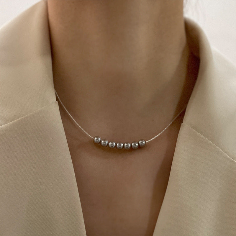 White Pearl Bead Necklace Chain Grey Beaded