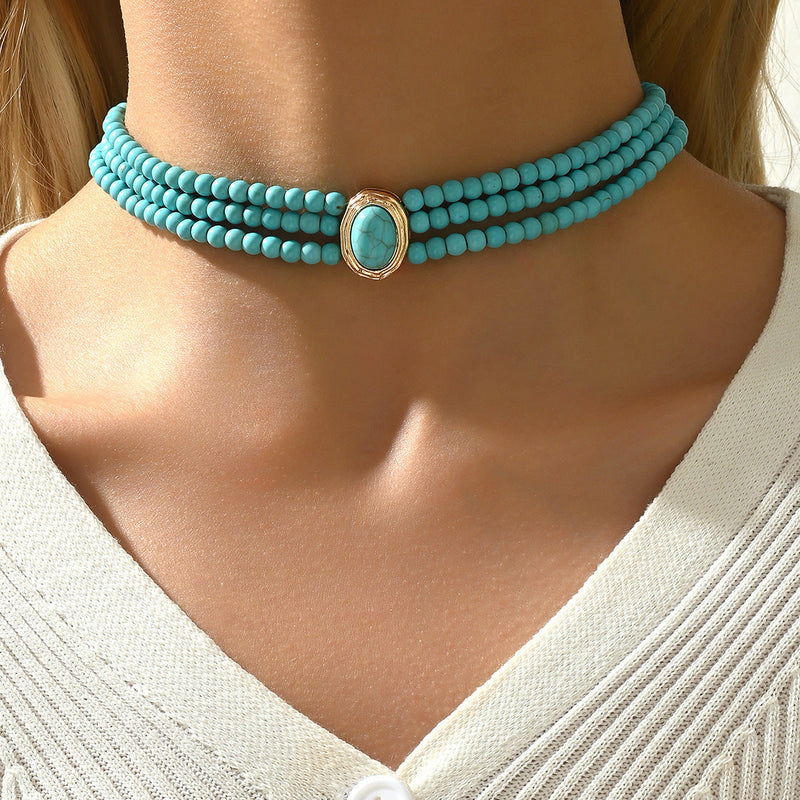 Retro Geometric Beaded Necklace Simple Turquoise Multi-layer
