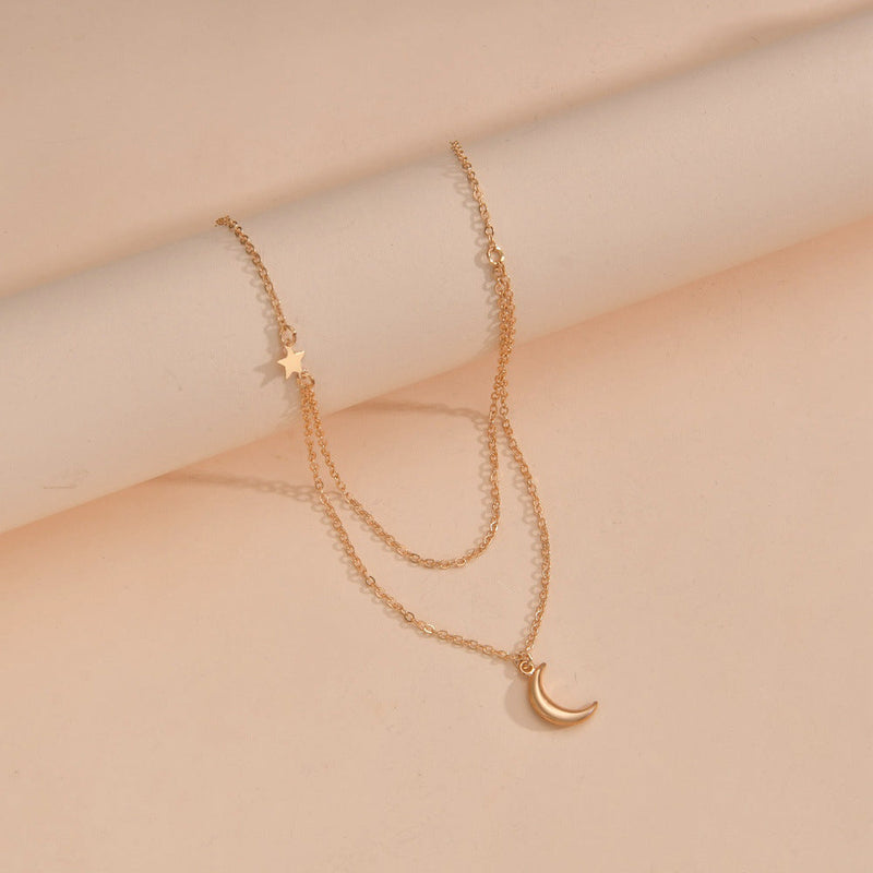 Double Layer Chain Moon Charm Choker Necklace