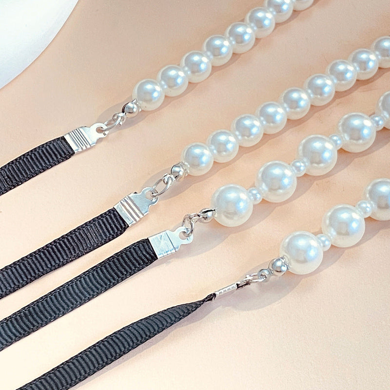 Women Jewelry Long Black Velvet Ribbon Bow Pearl Necklace