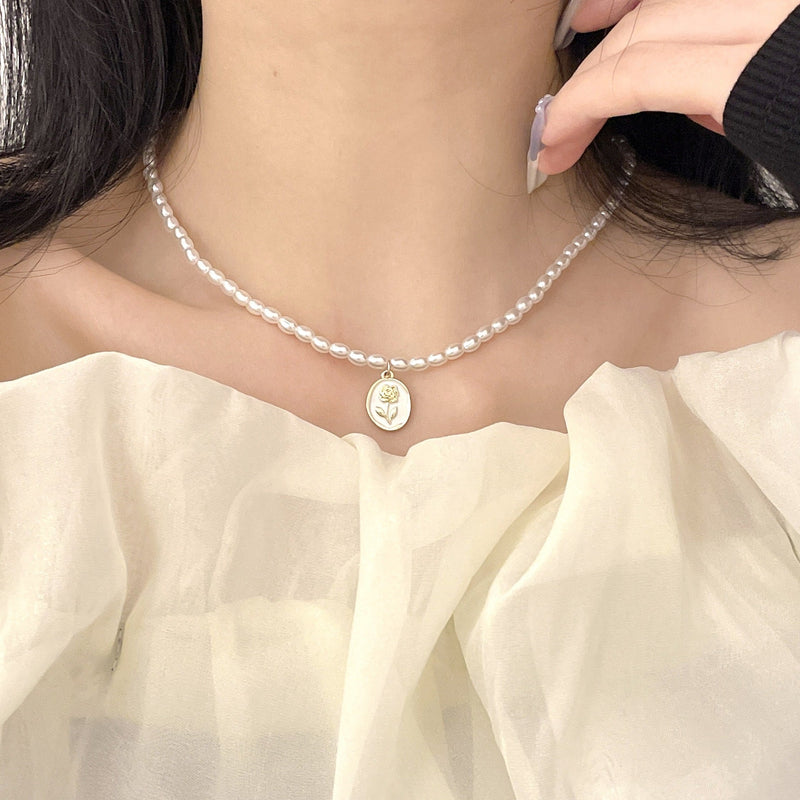 Oval Glass Pearl Necklace Wedding Pearl Necklace for Brides
