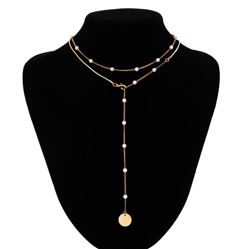 Pearl Fringe Star Round Piece Pendant Chain Necklace