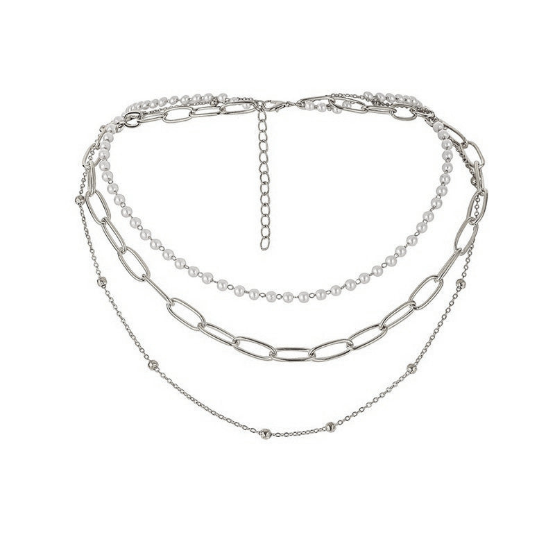 Multilayered Pearl Paperclip/box Link Chain Layered Necklace