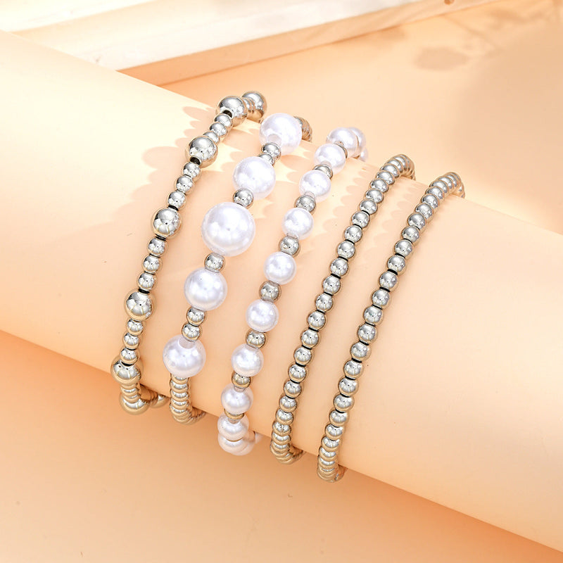 Imitation Pearl Metallic Round Beads Bracelet Set