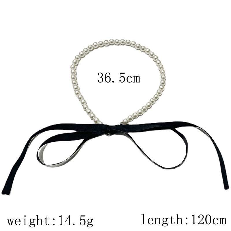 White Imitation Pearl Choker Necklace Women Long Black Ribbon