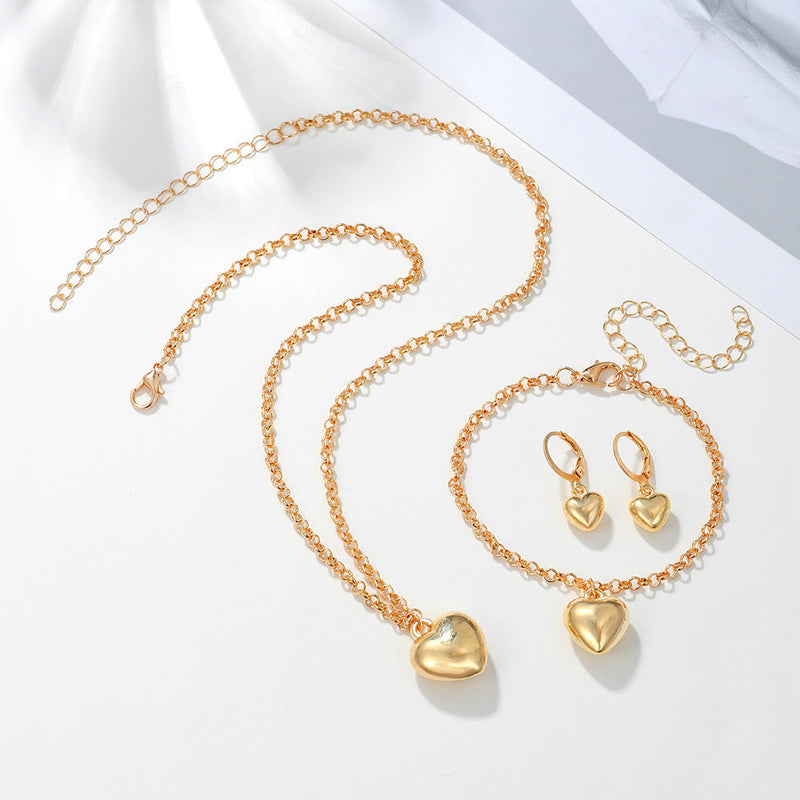 Women Heart Pendant Necklace Earring Bracelet Set
