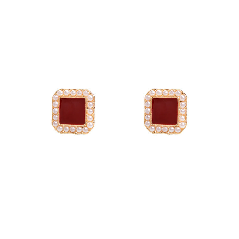 Geometric Square Pearl Stud Earrings