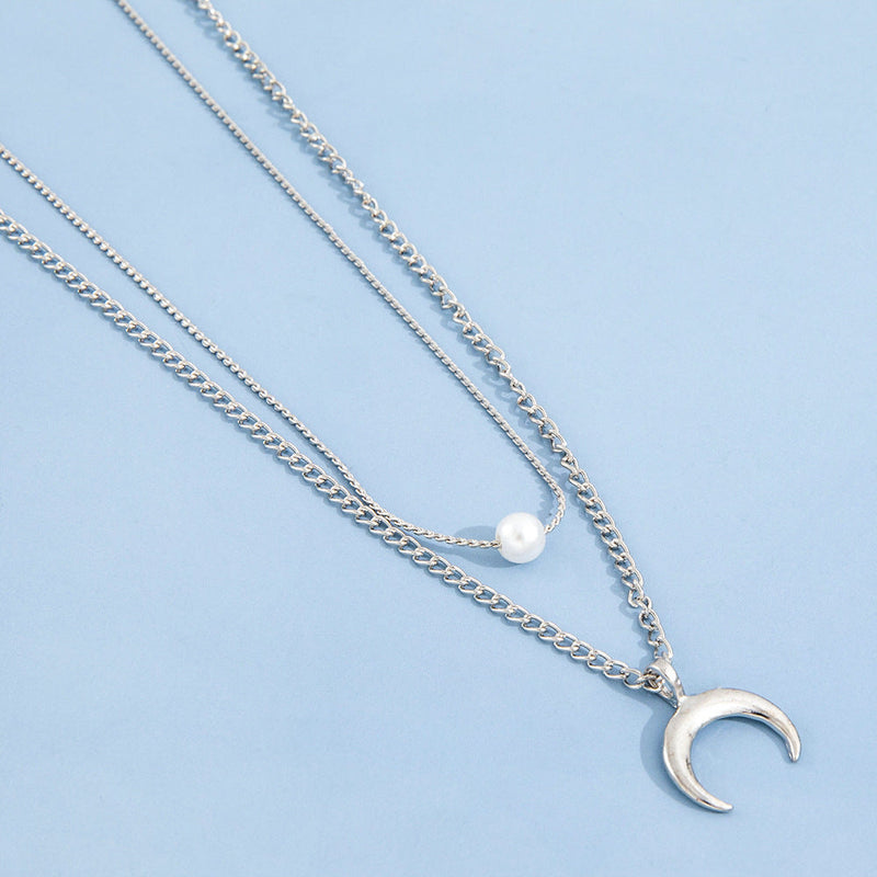 Double Layer Crescent Pearl Pendant Necklace