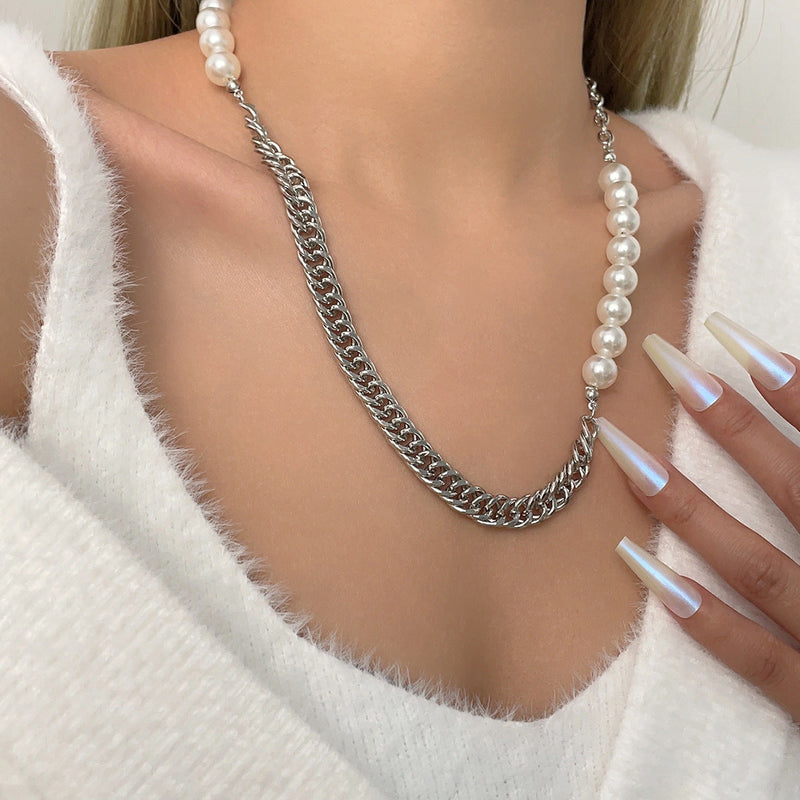 Fashion Pearl Necklace Chunky Cuban Chain