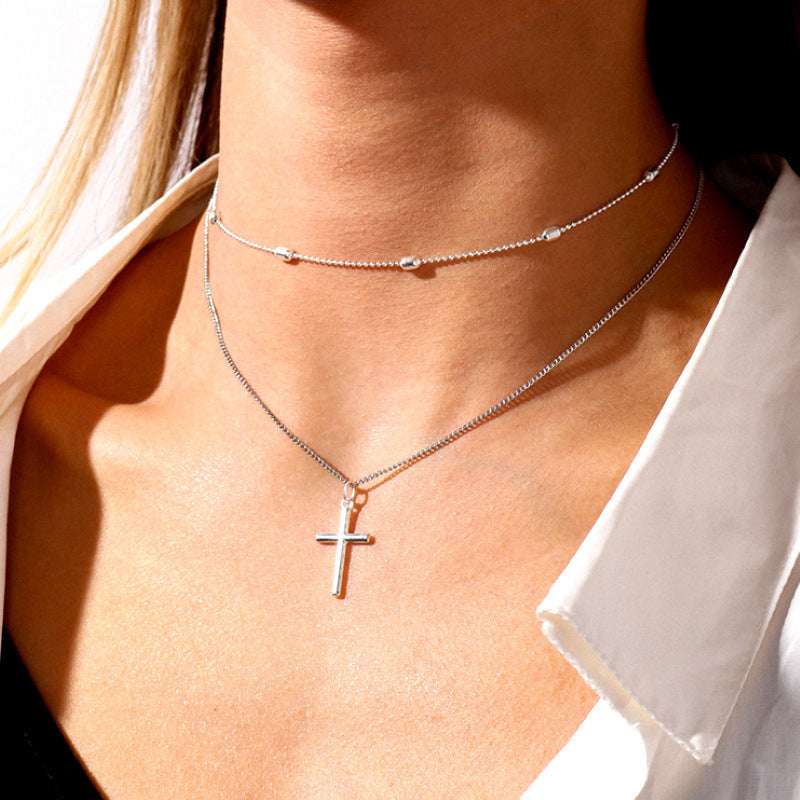 Double Layers Necklace for Women Cross Pendant