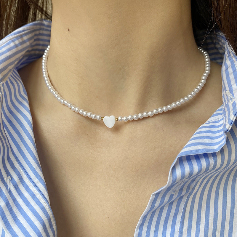 Fashion Shell Heart Imitation Pearls Necklace Handmade Pearl Beaded Choker Necklace