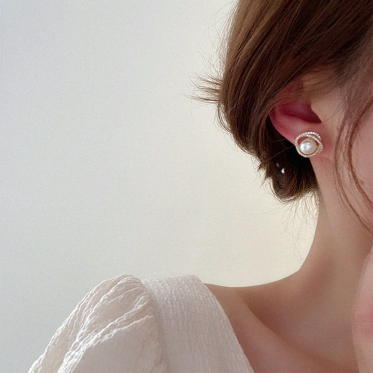 Round Crystal Rhinestone Pearl Stud Earrings