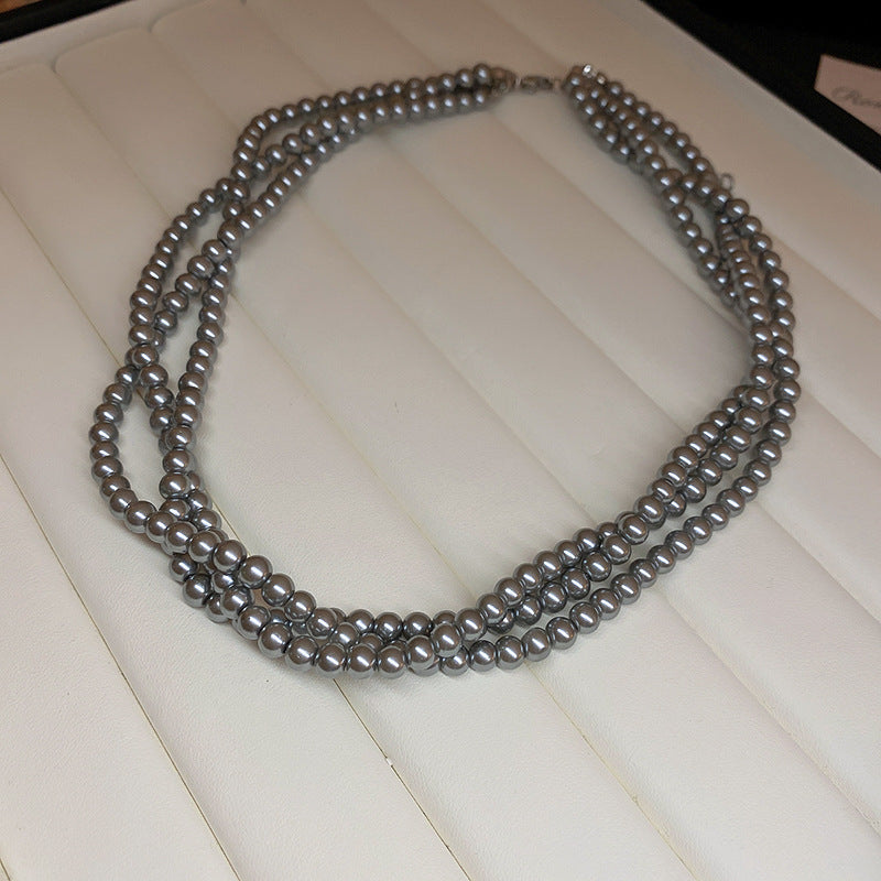 Retro Choker Multi Layer Grey Pearl Necklace Women