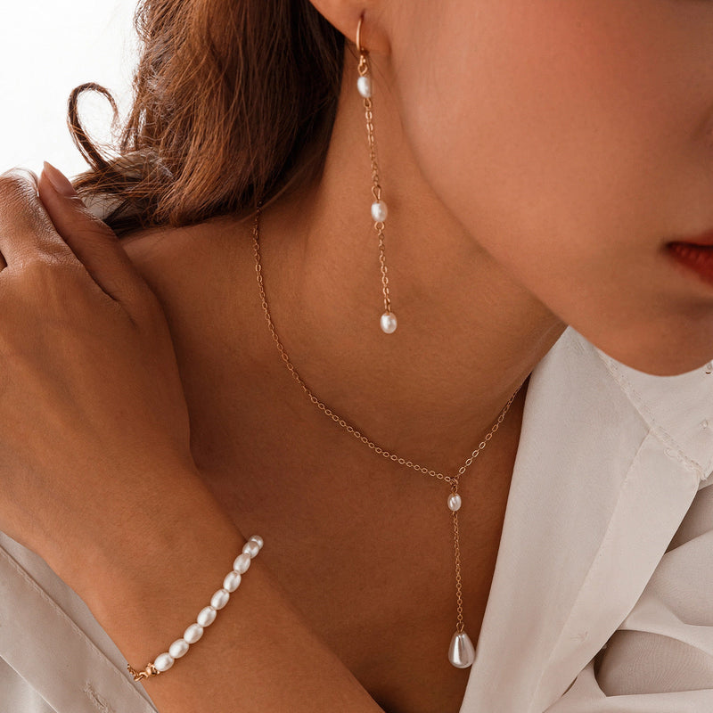 Elegant Imitation Pearl Chain Wed Bridal Jewelry Set