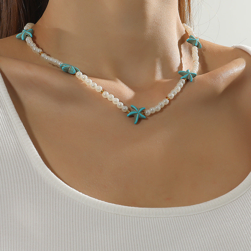 Boho Blue Starfish Pearl Chain Necklace