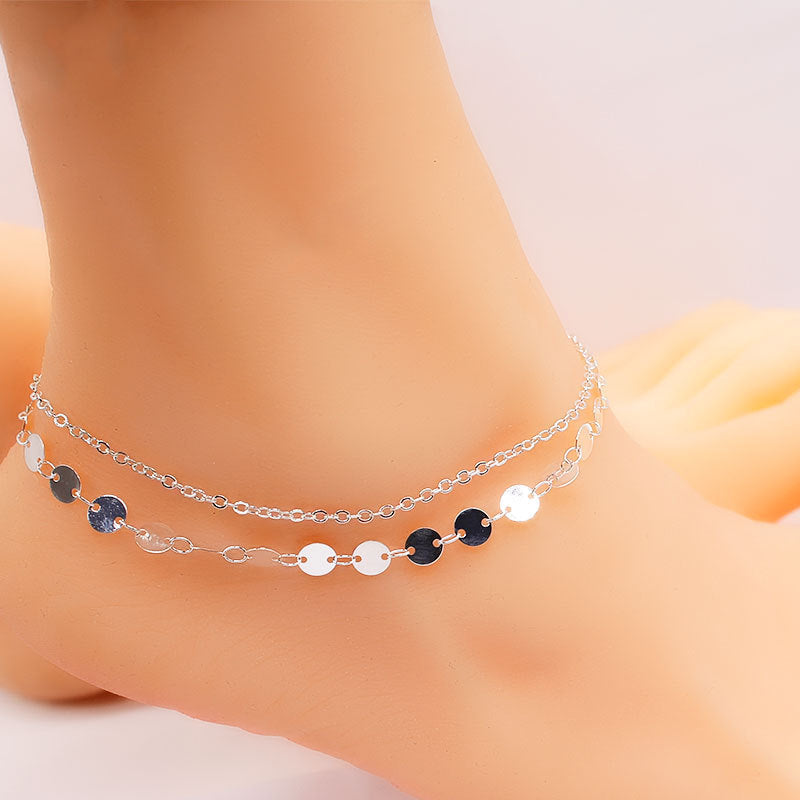 Flat Disc Beaded Double Layer Foot Bracelet