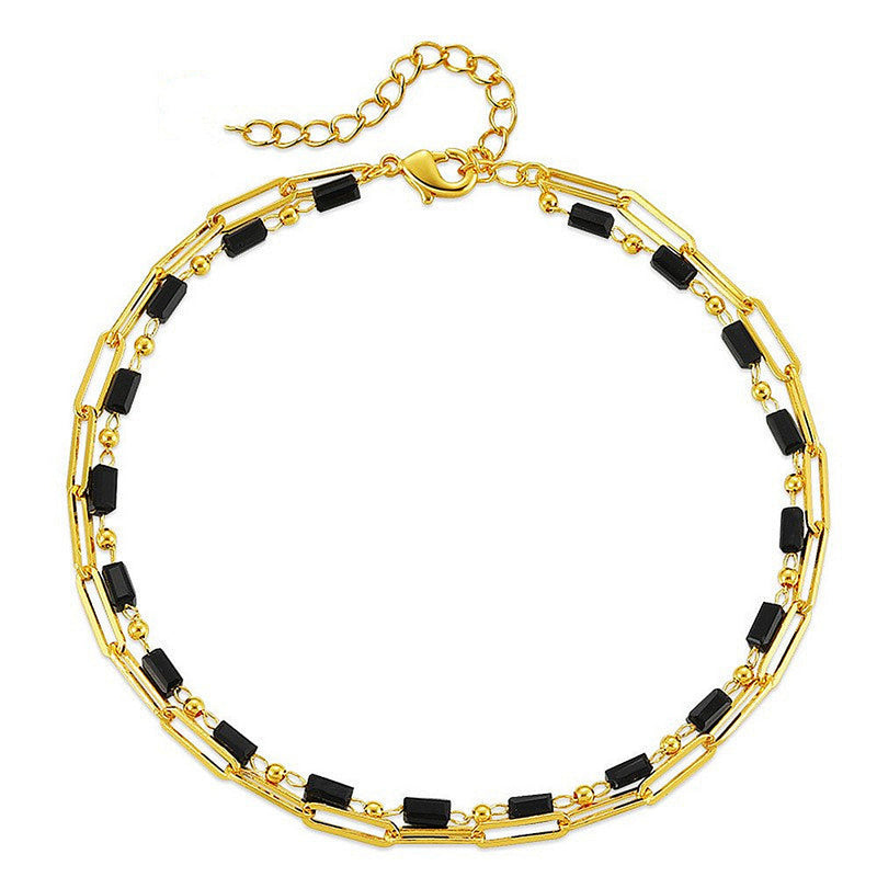 Beach Black Crystal Anklet Chain Layer Beaded Foot Bracelet