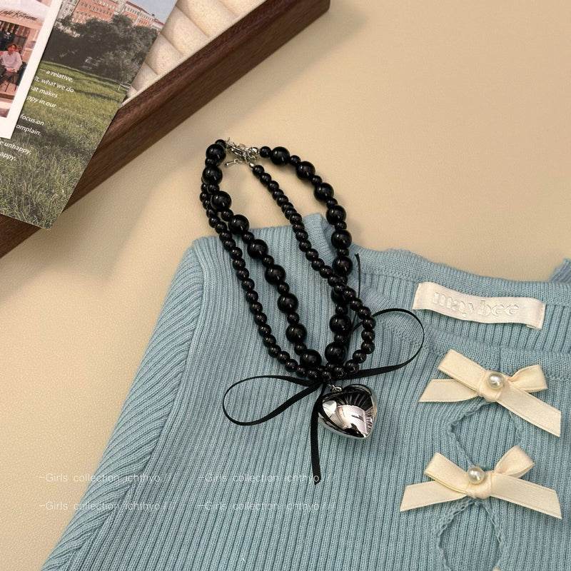 Black Ribbon Bow Heart Pendant Necklace for Women
