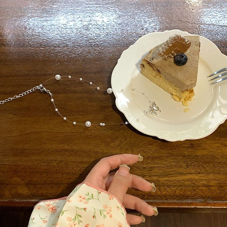 Fashion Silver Pearl butterfly Pendant Necklaces