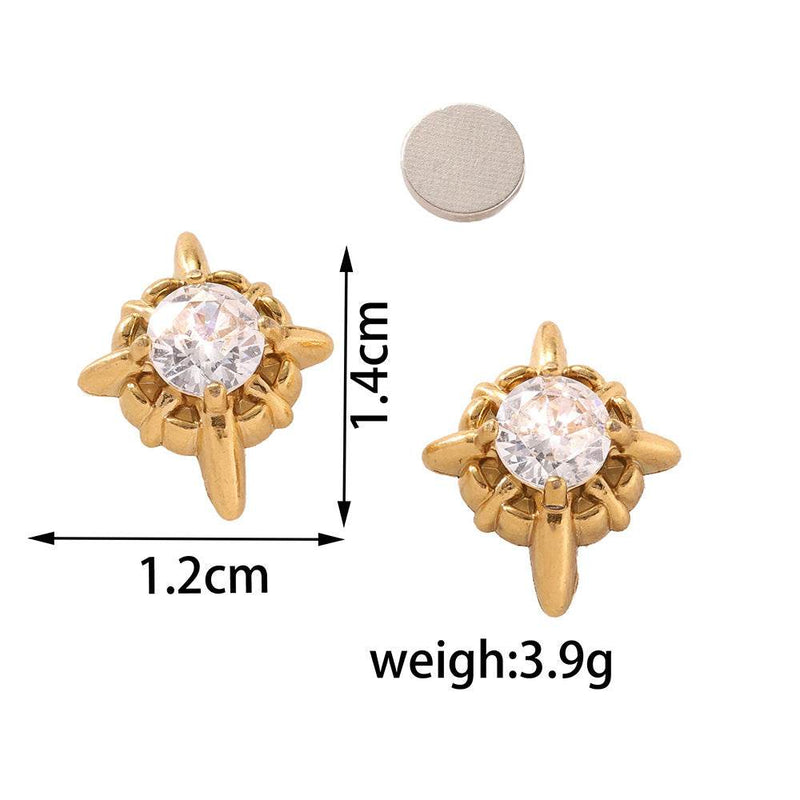 Multicolor Stainless Steel Magnetic 4-Pointed Star CZ Stud Earrings for Men Women, Round Cubic Zirconia Inlaid Magnetic Earrings Non-Piercing Clip On Stud Earring
