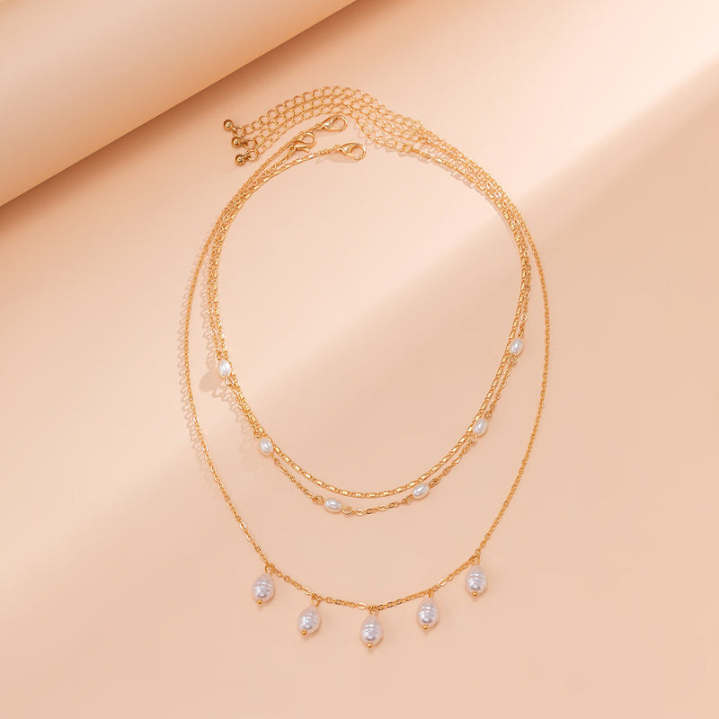 Women Pearl Bead Multi-layer Collarbone Chain Necklace