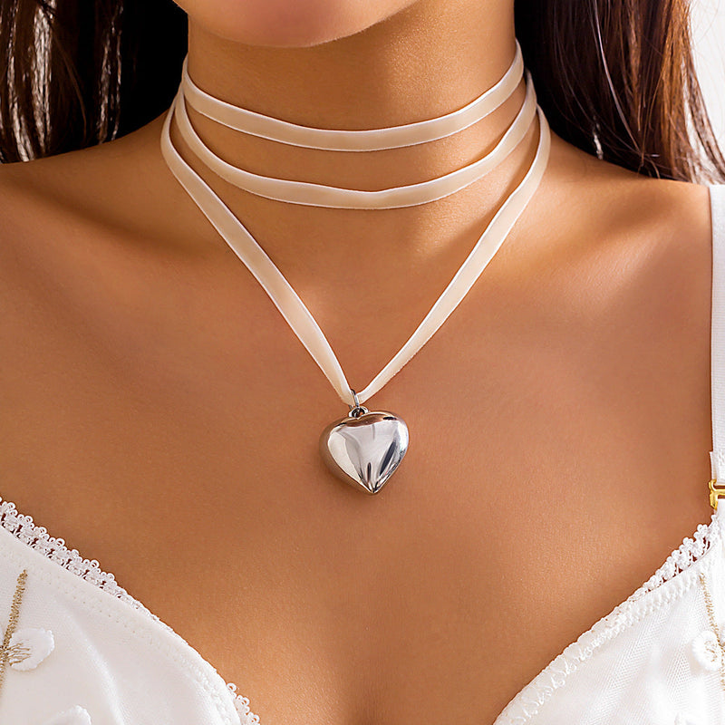 Ribbon Bow Long Choker Simple Heart Necklace