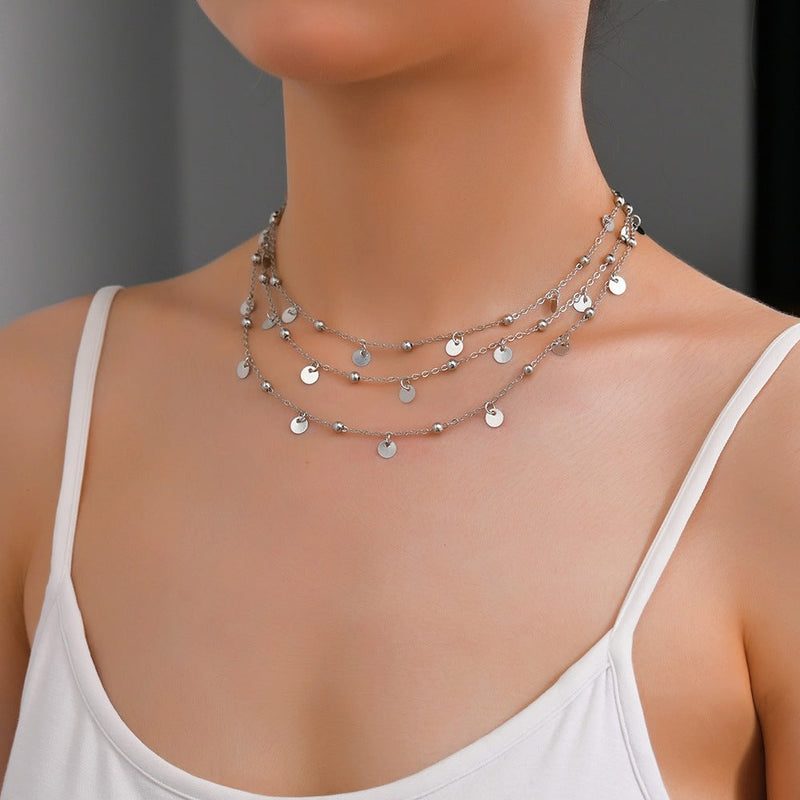 Chain Multi Layer Bead Necklace 3 Strand Disc Pendant Necklaces