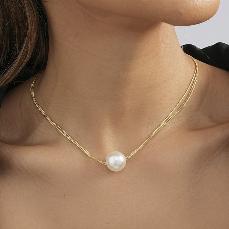 Double Layer Chain Necklace Big Pearl