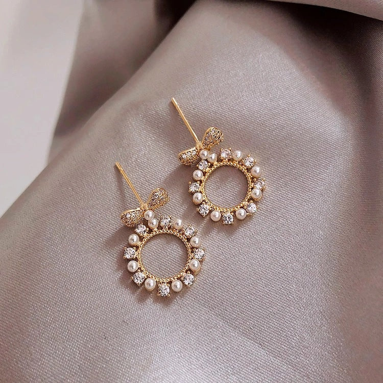 Pearl Circle Drop Bowknot Stud Earrings