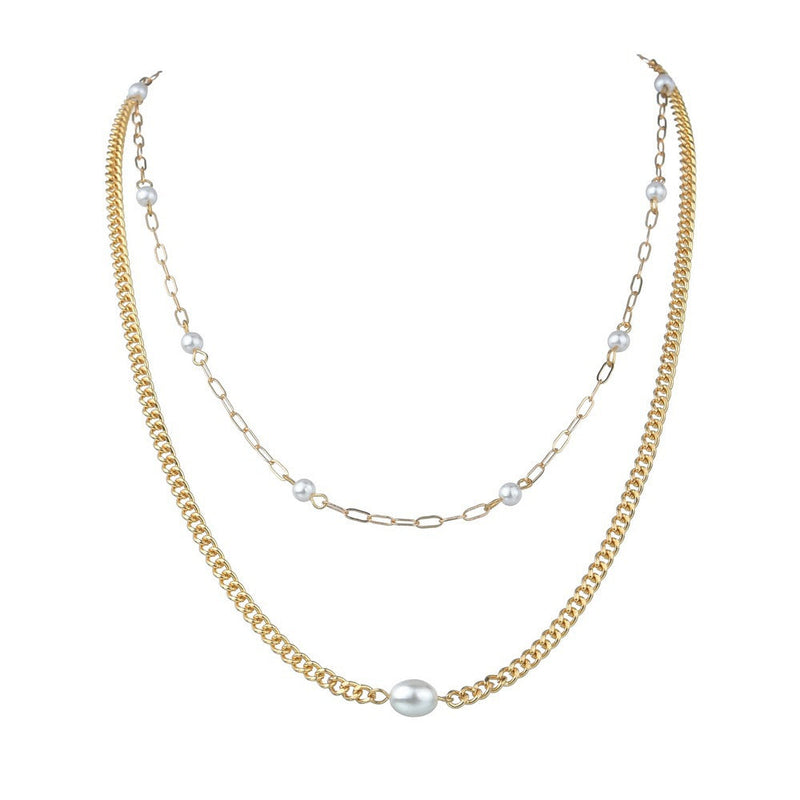 Plain Chain Layer Faux Pearl Choker Jewelry Necklace
