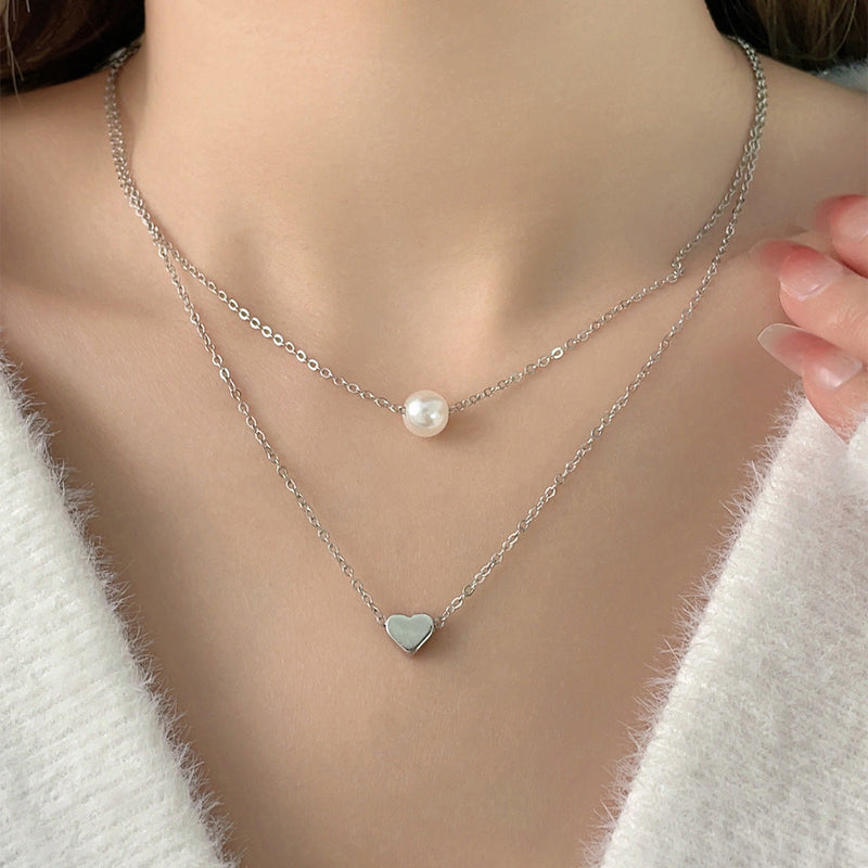 Women Pearl Charm Heart Pendant Double Layer Necklace