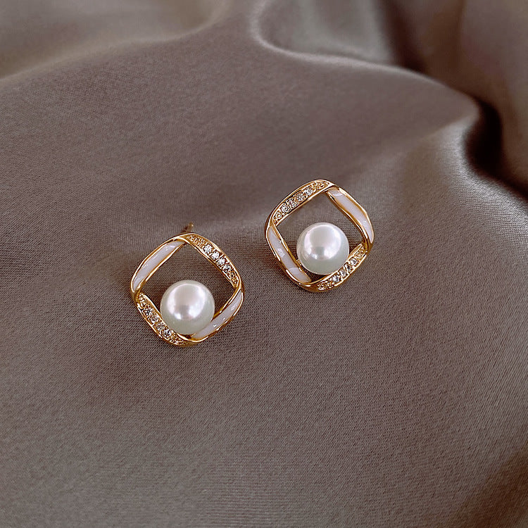 Simple Square Pearl Stud Earrings
