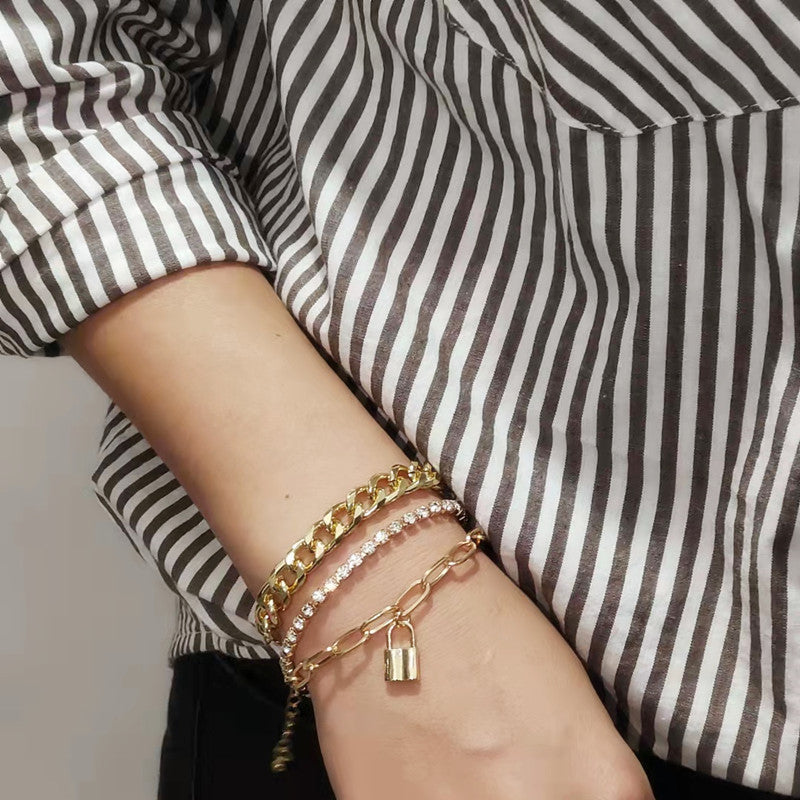 Women Crystal Chain Lock Charm Bracelet Set