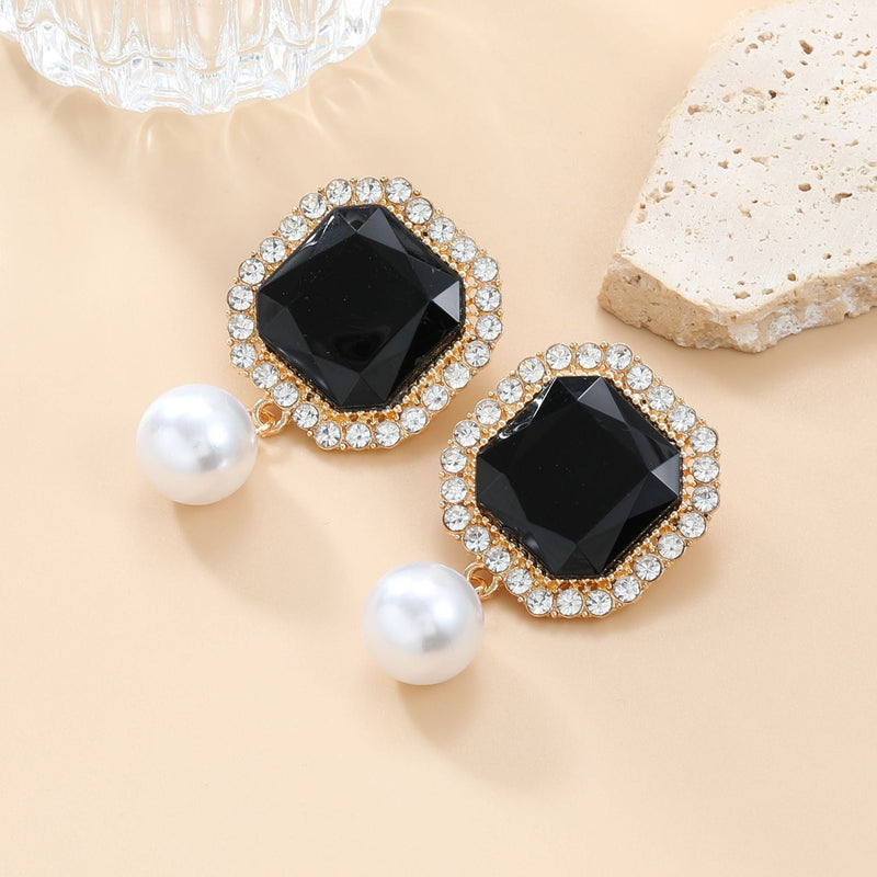 Square Rhinestone Simple Pearl Drop Earring